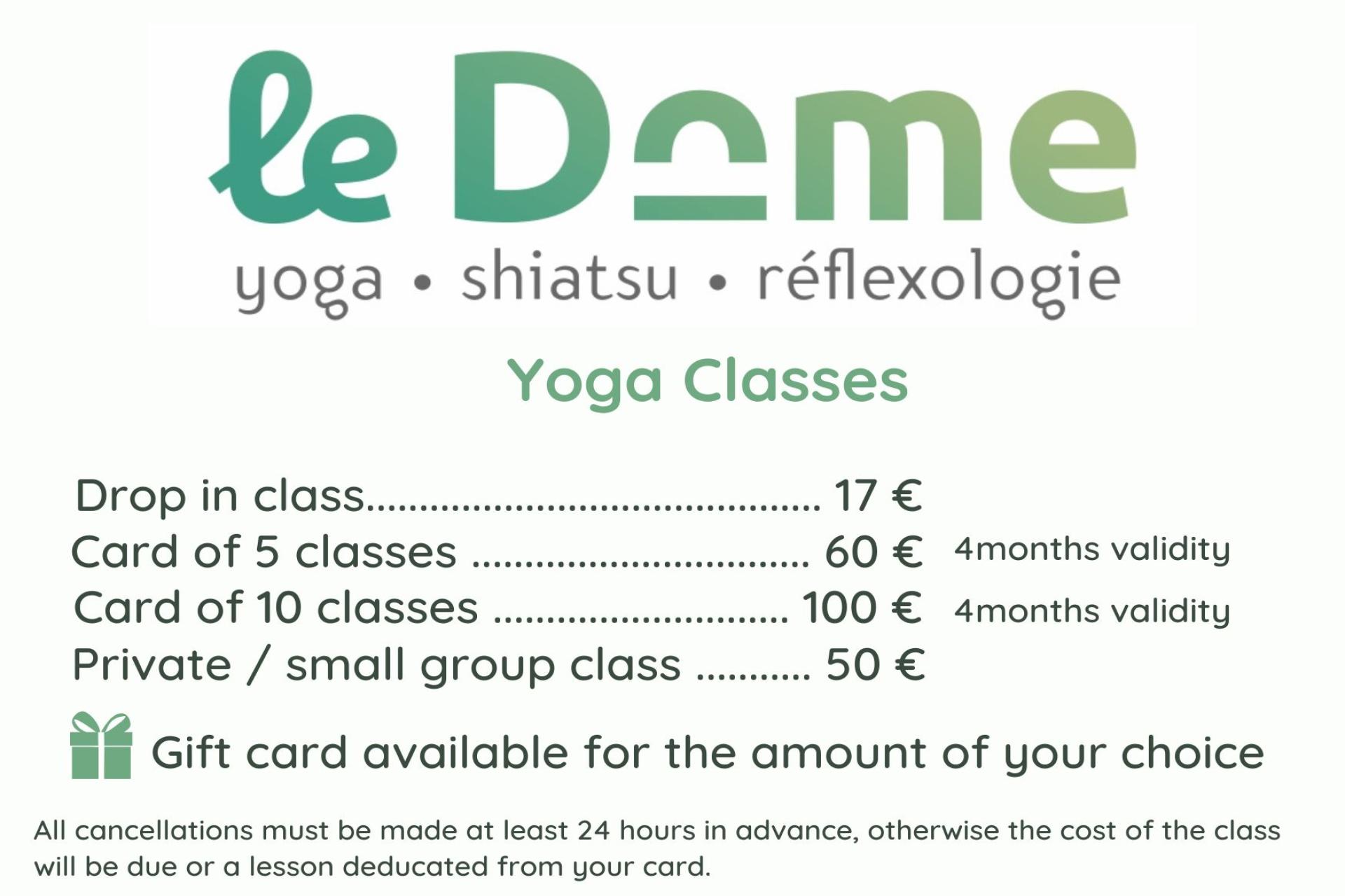 pricing list yoga classes