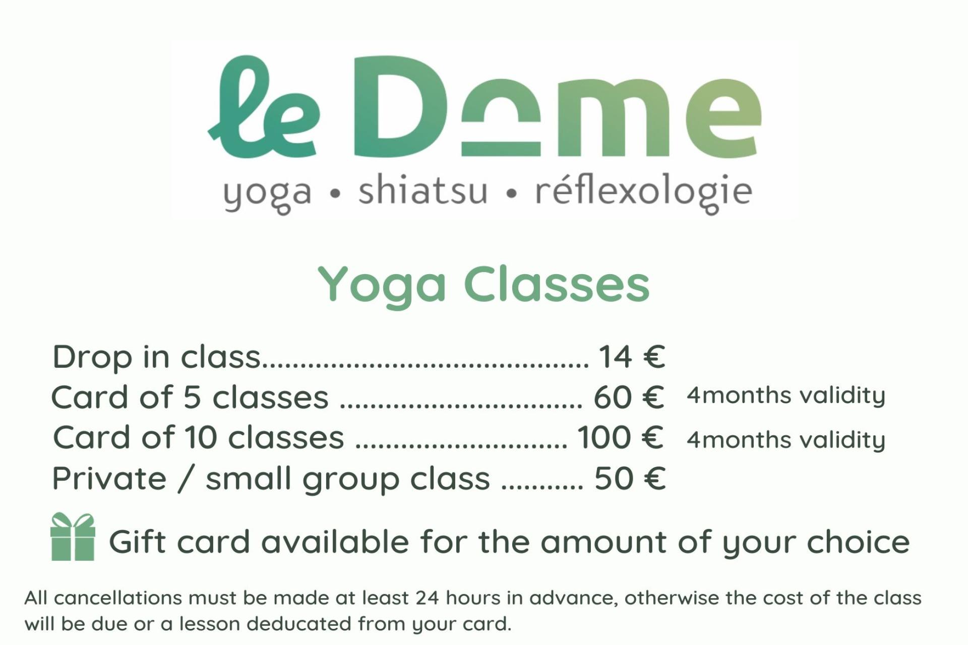 Pricing list yoga classes and shiatsu - foot reflexology treatments